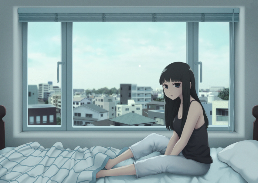 1girl animated animated_gif aqua_sky bangs black_eyes black_hair black_tank_top blinds building check_commentary clouds cloudy_sky commentary_request full_body huge_filesize indoors long_hair original pants pillow sitting sky solo tank_top white_pants window yajirushi_(chanoma)