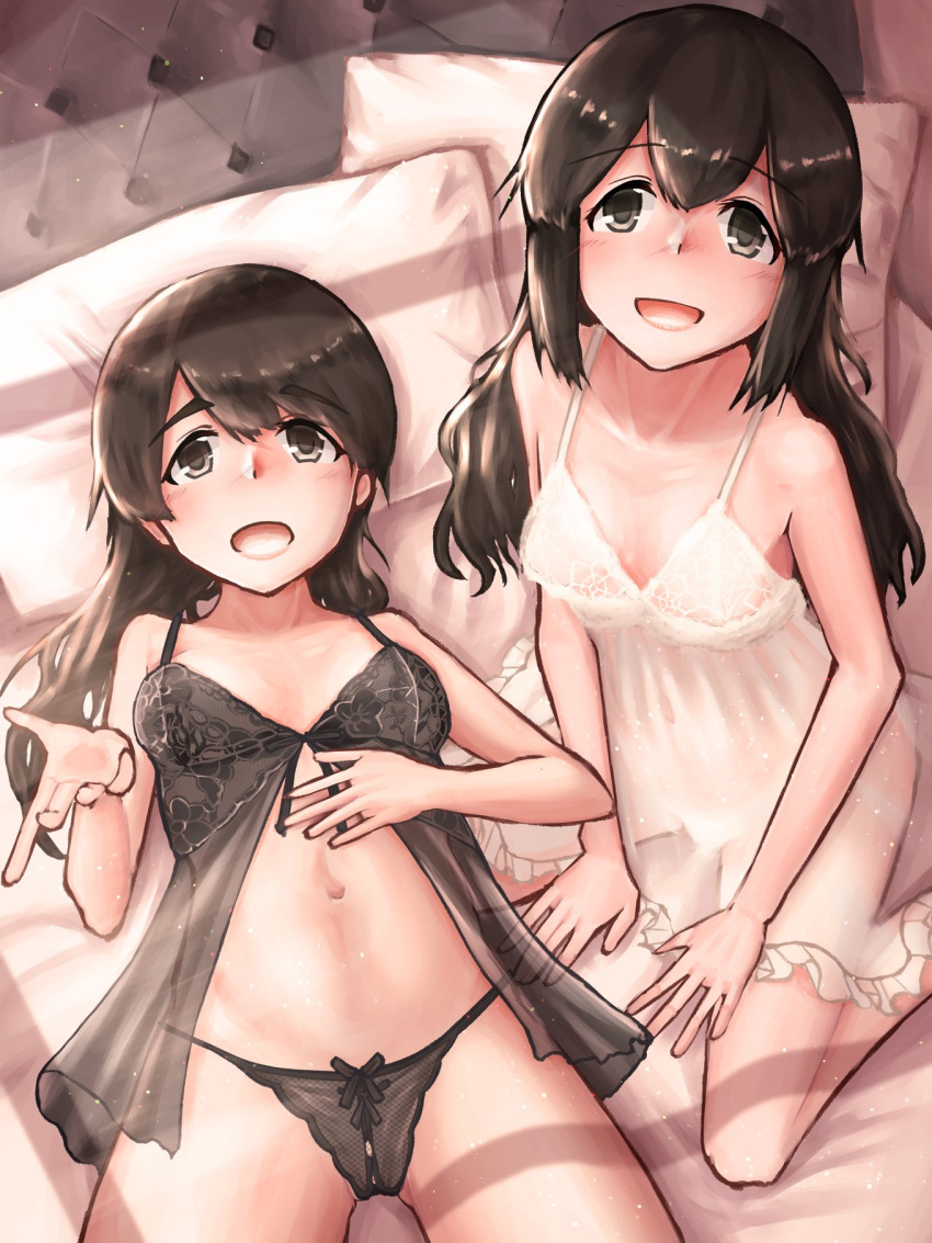 2girls alternate_hairstyle bed black_babydoll black_eyes black_hair black_panties breasts collarbone commentary_request hair_down highres isonami_(kancolle) kantai_collection long_hair looking_at_viewer lying multiple_girls owada_(kousonhuchi) panties sitting small_breasts smile underwear underwear_only uranami_(kancolle) wariza white_babydoll
