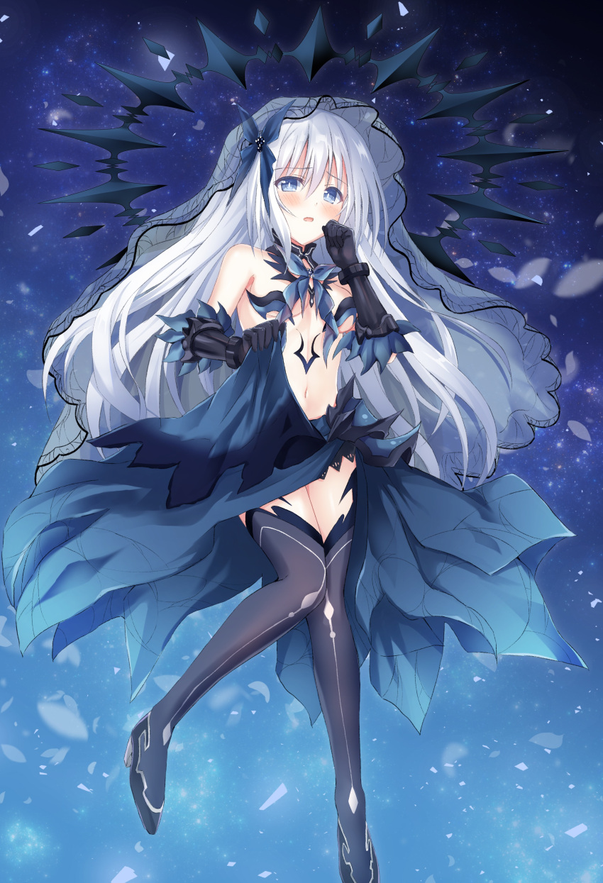 1girl absurdres artina bangs black_gloves blue_background blue_eyes blue_skirt blush boots breasts date_a_live elbow_gloves eyebrows_visible_through_hair floating_hair gloves grey_legwear hair_between_eyes highres long_hair medium_breasts midriff navel open_mouth silver_hair skirt skirt_hold solo stomach thigh-highs thigh_boots tobiichi_origami veil very_long_hair