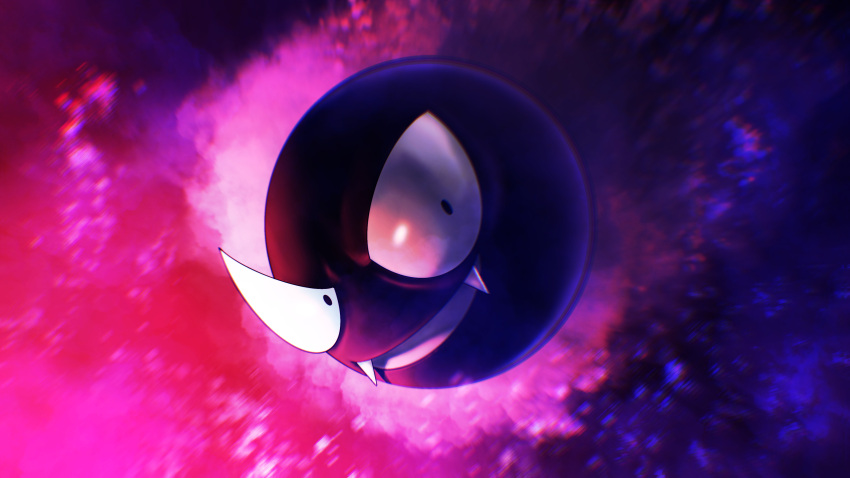 absurdres black_eyes blurry chromatic_aberration commentary energy fangs fangs_out full_body gastly gen_1_pokemon higa-tsubasa highres no_humans open_mouth pokemon pokemon_(creature) smile solo