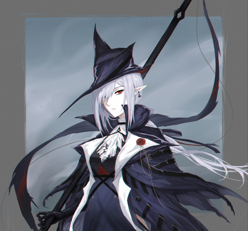 1girl arknights artist_name ascot black_dress black_headwear dress earrings gladiia_(arknights) gothic hair_over_one_eye hat high_collar highres holding holding_polearm holding_weapon jewelry long_hair looking_at_viewer parted_lips pointy_ears pointy_hat polearm red_eyes rz_ix silver_hair upper_body weapon white_neckwear
