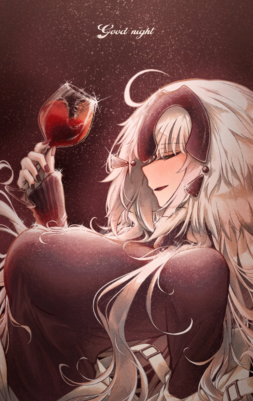 1girl ahoge alcohol bangs black_sweater breasts closed_eyes cup drinking_glass fate/grand_order fate_(series) headpiece highres jeanne_d'arc_(alter)_(fate) jeanne_d'arc_(fate) large_breasts long_hair long_sleeves open_mouth ru_251 silver_hair smile sweater very_long_hair wine wine_glass