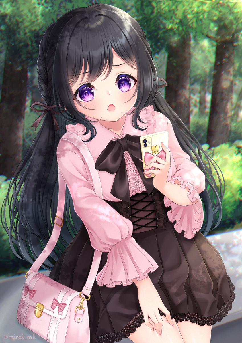 1girl bag bangs black_bow black_hair black_skirt blurry blurry_background blush bow braid brown_ribbon cellphone center_frills chestnut_mouth collared_shirt commentary_request day depth_of_field eyebrows_visible_through_hair frills hair_ribbon hedge_(plant) highres holding holding_phone lace-trimmed_skirt lace_trim long_hair long_sleeves looking_at_viewer mirai_(happy-floral) open_mouth original outdoors phone pink_shirt pleated_skirt puffy_long_sleeves puffy_sleeves ribbon shirt shoulder_bag skirt solo tree very_long_hair violet_eyes