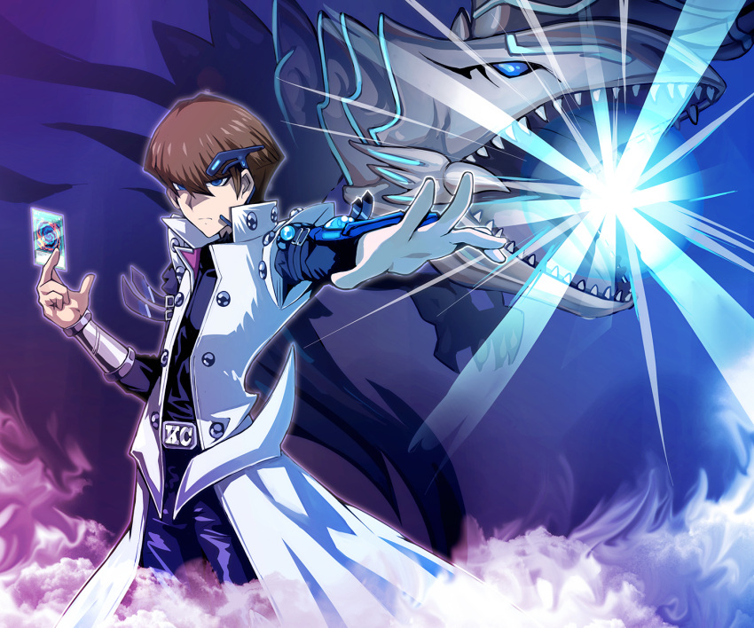 black_pants blue-eyes_alternative_white_dragon blue_eyes brown_hair coat cowboy_shot dragon duel_monster hair_between_eyes highres kaiba_seto pants polymerization short_hair tamagokake_candy white_coat yu-gi-oh! yu-gi-oh!_duel_monsters