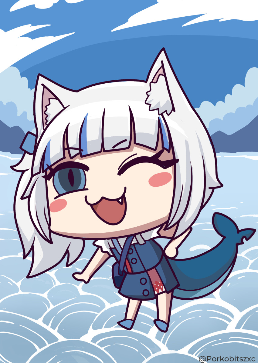1girl absurdres animal_ear_fluff animal_ears bangs blue_eyes blue_hair cat_ears chibi eyebrows_visible_through_hair fang fish_tail full_body gawr_gura highres hololive hololive_english kemonomimi_mode looking_at_viewer multicolored_hair one_eye_closed open_mouth porko riyo_(lyomsnpmp)_(style) shark_tail silver_hair solo tail twitter_username virtual_youtuber