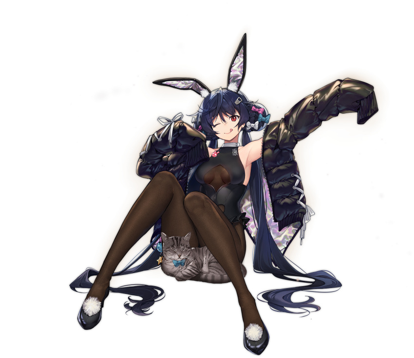1girl ;q allen_m._sumner_(azur_lane) allen_m._sumner_(charming_rabbit)_(azur_lane) animal animal_ears armpits arms_up ass azur_lane bare_shoulders black_footwear black_hair black_jacket black_leotard braid braided_bun breasts brown_legwear cat closed_mouth clothing_cutout double_bun fake_animal_ears highres jacket knees_up leotard long_hair long_sleeves looking_at_viewer medium_breasts nagu off_shoulder official_art on_floor one_eye_closed open_clothes open_jacket pantyhose playboy_bunny rabbit_ears shoes sitting smile solo tongue tongue_out transparent_background twintails underboob_cutout very_long_hair