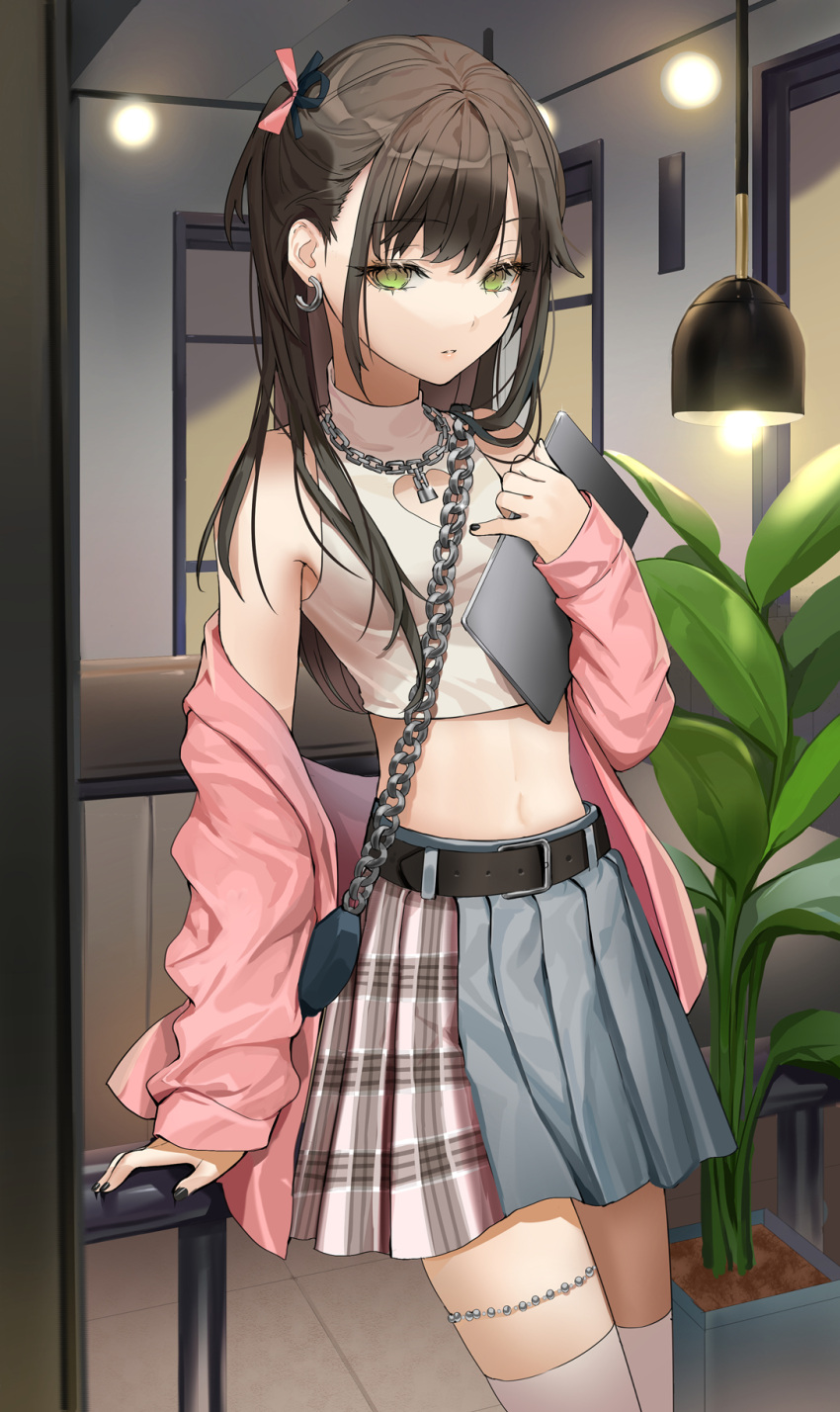 1girl bare_shoulders belt breasts brown_hair cleavage_cutout clothing_cutout cowboy_shot crop_top earrings green_eyes hair_ribbon highres holding jacket jewelry lloule long_hair long_sleeves looking_at_viewer midriff miniskirt navel off_shoulder one_side_up open_clothes open_jacket original pink_jacket plaid plaid_skirt pleated_skirt ribbon shirt sidelocks skirt sleeveless sleeveless_shirt small_breasts solo stomach thigh-highs white_legwear white_shirt zettai_ryouiki