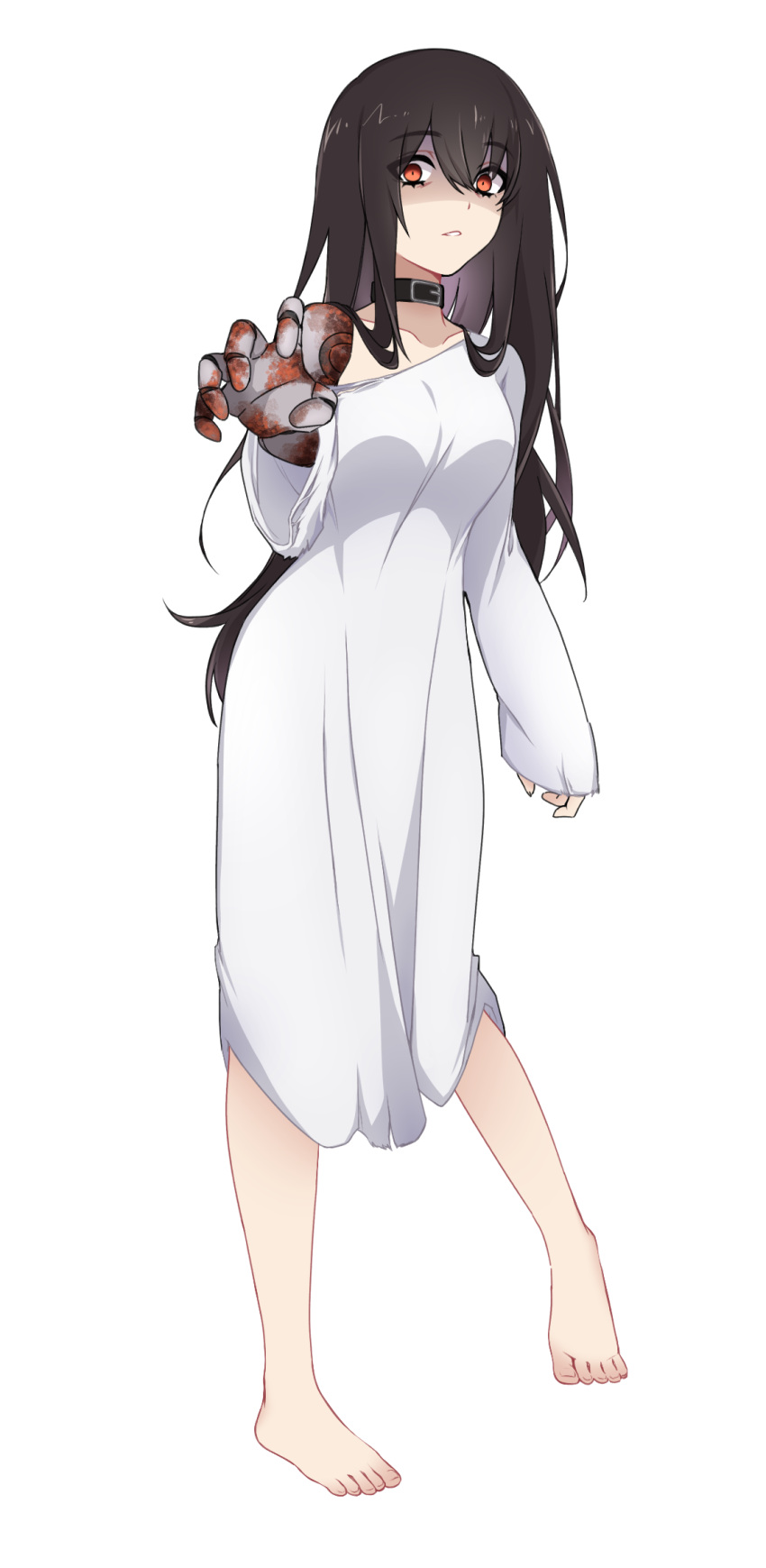 bare_legs bare_shoulders barefoot black_hair choker cosplay dress epic_fail_project epica-chan erica_naito highres horror_(theme) long_dress mechanical_arms mechanical_parts original rust single_mechanical_arm the_ring toes white_dress