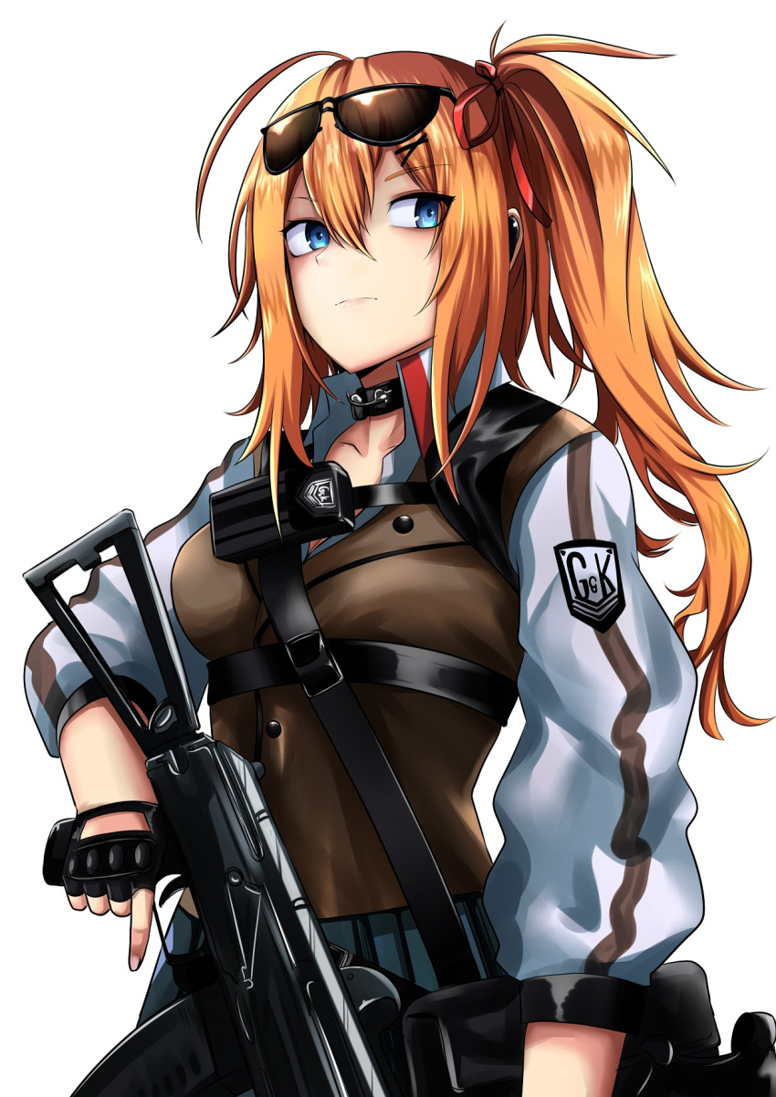 1girl bangs blue_eyes breasts closed_mouth cowboy_shot expressionless eyebrows_visible_through_hair eyewear_on_head girls_frontline grifon_&amp;_kryuger gun hair_between_eyes hair_ornament hair_ribbon highres holding holding_gun holding_weapon kalina_(girls_frontline) long_hair looking_at_viewer official_alternate_costume orange_hair pleated_skirt red_ribbon rei rei0 ribbon shirt side_ponytail simple_background skirt solo sunglasses weapon white_background