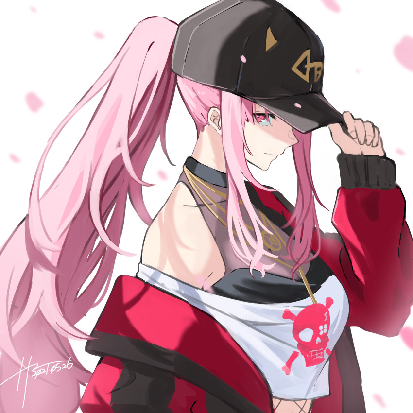 1girl absurdres adjusting_clothes adjusting_headwear baseball_cap commentary_request from_side hat highres hololive hololive_english hz_(helu_2) jacket long_hair long_sleeves looking_at_viewer mori_calliope off_shoulder petals pink_eyes pink_hair ponytail red_jacket signature skull_and_crossbones solo upper_body white_background
