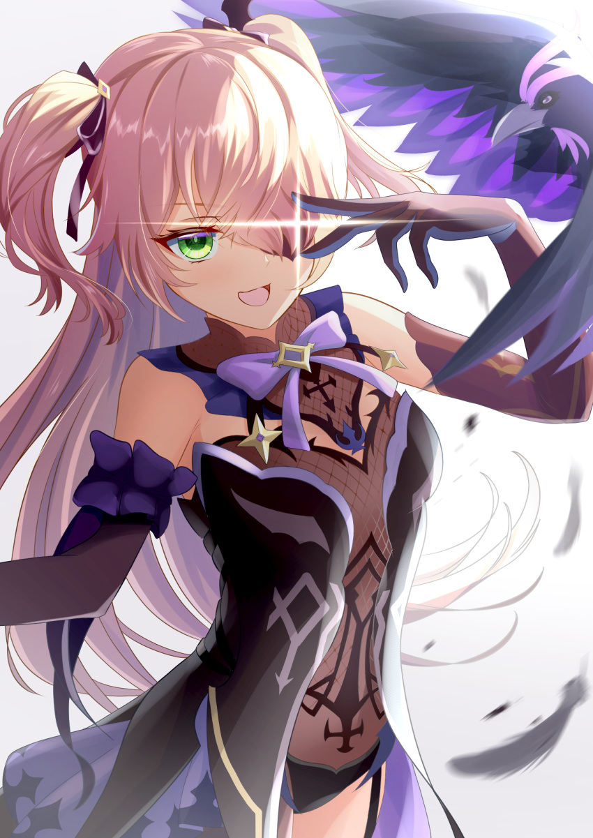 1girl bare_shoulders bird black_eyepatch black_gloves black_ribbon blonde_hair breasts detached_sleeves english_commentary fischl_(genshin_impact) genshin_impact gloves green_eyes hair_ribbon highres mon-chan open_mouth oz_(genshin_impact) purple_ribbon ribbon small_breasts smile solo two_side_up upper_body