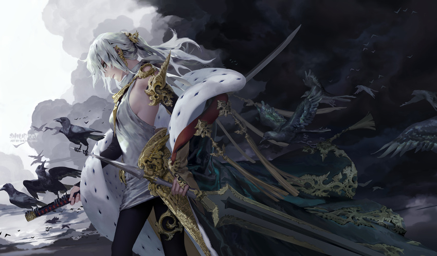 1girl artist_name bird black_bird breasts capelet carciphona clouds cowboy_shot english_commentary gold gold_hairband green_eyes hair_ornament highres holding holding_sword holding_weapon long_hair multiple_swords photoshop_(medium) ponytail shilin sideboob solo sword veloce_visrin watermark weapon web_address white_hair