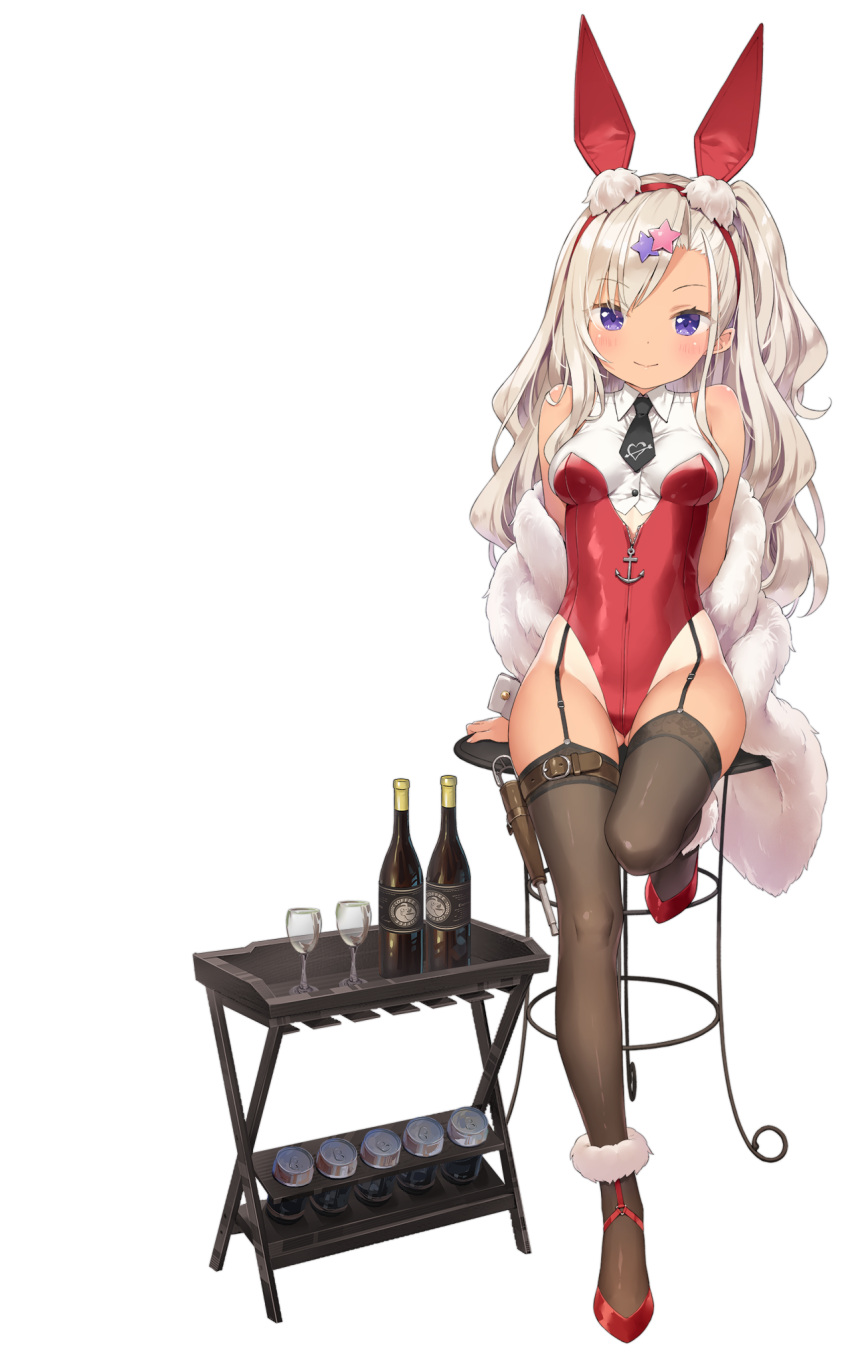 1girl animal_ears archerfish_(azur_lane) azur_lane bare_shoulders bird black_legwear bottle breasts chick closed_mouth cocktail_glass cup drinking_glass fake_animal_ears feather_boa garter_straps hairband highleg highleg_leotard highres kani_biimu leg_up leotard long_hair looking_at_viewer manjuu_(azur_lane) medium_breasts necktie off_shoulder official_art one_side_up playboy_bunny rabbit_ears red_footwear red_leotard shoes short_necktie silver_hair sitting smile solo stool tan tanline thigh-highs thighs transparent_background violet_eyes wavy_hair wing_collar