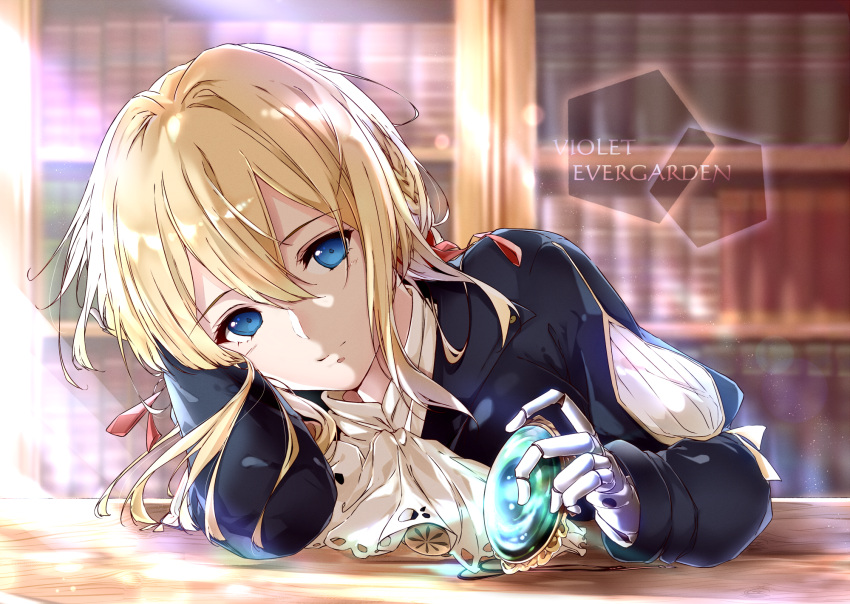 1girl ascot bangs blonde_hair blue_eyes blue_jacket blurry blurry_background character_name closed_mouth copyright_name eyebrows_visible_through_hair hair_between_eyes highres jacket leaning_to_the_side long_hair long_sleeves prosthetic_hand shi-2 shiny shiny_hair shirt smile solo upper_body violet_evergarden violet_evergarden_(character) white_neckwear white_shirt