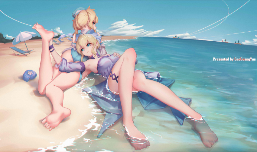 2girls absurdres armpits barbara_pegg bare_shoulders barefoot beach_chair beach_umbrella blonde_hair blue_eyes blue_sky blue_swimsuit clouds cute detached_sleeves gao_guangyue genshin_impact hair_ribbon hat high_ponytail highres jean_gunnhildr looking_back lying mihoyo_technology_(shanghai)_co._ltd. moe multiple_girls ocean on_back on_stomach partially_submerged ribbon scenery seashell shell sky soles summer swimsuit thighs toes twintails umbrella water