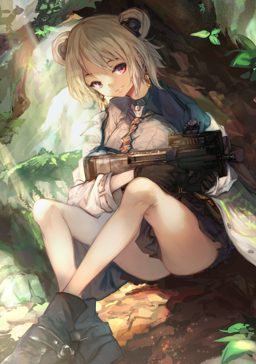1girl absurdres breasts bullpup commission double_bun earrings girls_frontline gun highres huge_filesize jewelry light_brown_hair medium_breasts p90 p90_(girls_frontline) pixiv_request red_eyes saitogiulio short_hair solo submachine_gun weapon