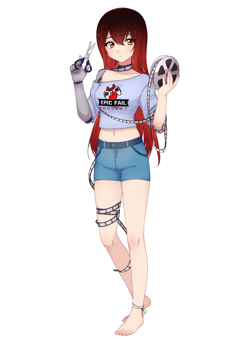 anklet bare_hips bare_legs bare_shoulders barefoot epic_fail_project epica-chan erica_naito highres jewelry mechanical_arms mechanical_parts original redhead scissors shirt shorts single_mechanical_arm t-shirt toes