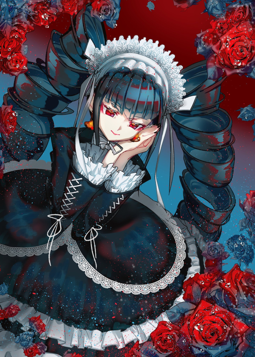 1girl bangs black_nails celestia_ludenberg commentary_request dangan_ronpa:_trigger_happy_havoc dangan_ronpa_(series) dress drill_hair earrings flower frills gothic_lolita hand_on_own_cheek hand_on_own_face highres jewelry lace-trimmed_dress lace_trim layered_dress lolita_fashion long_hair long_sleeves looking_at_viewer nail_polish red_background red_eyes red_flower red_rose rose smile solo sparkle twin_drills twintails wet yomu_(dangan_yomu)
