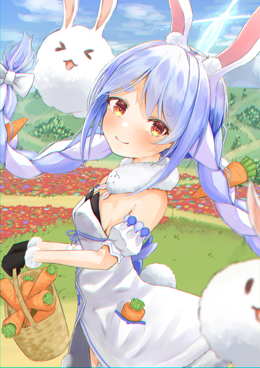 absurdres animal_ear_fluff animal_ears arm_cuffs bangs basket black_gloves black_leotard blue_hair blurry blurry_foreground blush braid breasts bunny-shaped_pupils bunny_tail bush carrot carrot_hair_ornament carrot_in_pocket chromatic_aberration clouds coat commentary detached_sleeves don-chan_(usada_pekora) field flower flower_field foliage food-themed_hair_ornament from_side fur-trimmed_coat fur-trimmed_gloves fur_scarf fur_trim gloves grass hair_ornament hair_strand head_tilt highres hikimayu holding holding_basket hololive hololive_alternative hololive_fantasy huge_weapon leotard leotard_under_clothes long_hair looking_at_viewer looking_to_the_side multicolored_hair nousagi_(usada_pekora) orange_eyes path planted_sword planted_weapon puffy_short_sleeves puffy_sleeves rabbit_ears rabbit_girl short_eyebrows short_sleeves sky small_breasts smile strapless strapless_coat strapless_leotard sword tail thick_eyebrows to-bo_e twin_braids two-tone_hair usada_pekora virtual_youtuber walking weapon white_coat white_hair white_sleeves wicker_basket