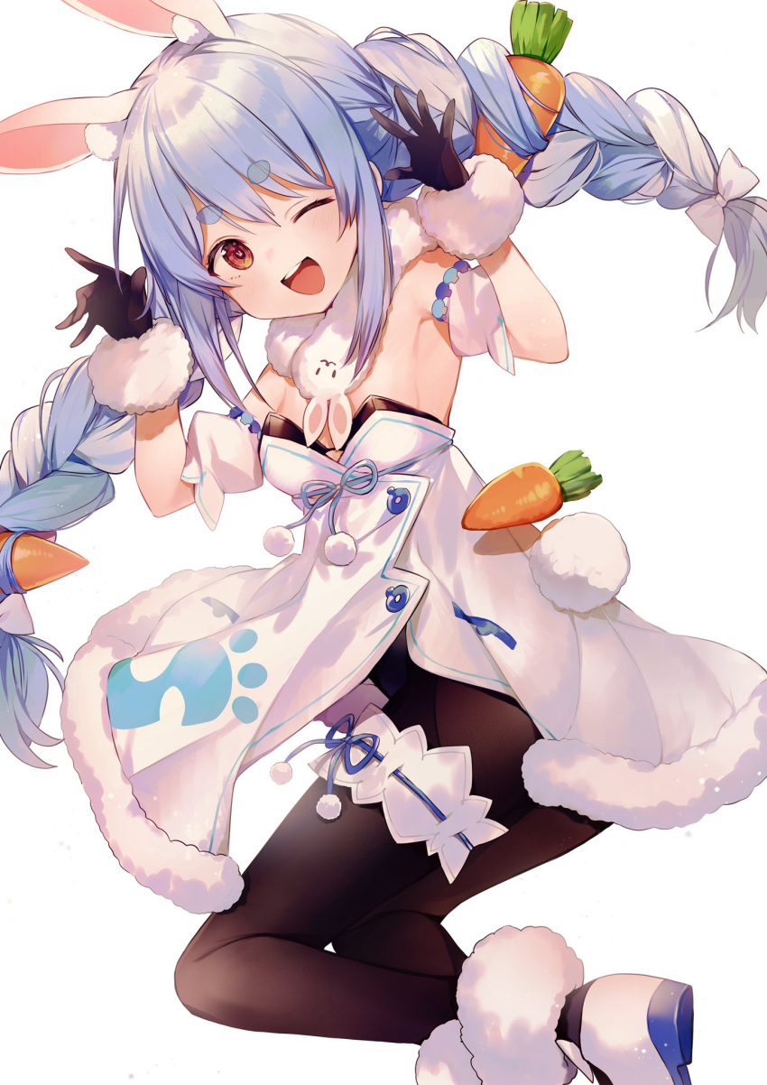 1girl 1other ;d animal_ear_fluff animal_ears black_gloves black_legwear blue_hair braid breasts bunny_pose carrot_hair_ornament detached_sleeves don-chan_(usada_pekora) eyebrows_visible_through_hair food-themed_hair_ornament fur_trim gloves hair_ornament highres hololive jumping long_hair looking_at_viewer multicolored_hair one_eye_closed open_mouth pantyhose puffy_short_sleeves puffy_sleeves rabbit_ears rabbit_girl short_sleeves simple_background sirentab smile thick_eyebrows twin_braids twintails two-tone_hair usada_pekora virtual_youtuber white_background white_hair