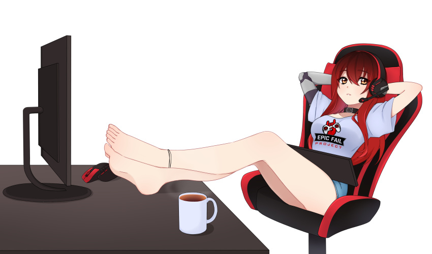 absurdres anklet bare_hips bare_legs bare_shoulders barefoot chair coffee_cup cup disposable_cup epic_fail_project epica-chan erica_naito gaming_chair headphones highres jewelry mechanical_arms mechanical_parts monitor mouse_(computer) original playing_games redhead shirt single_mechanical_arm soles t-shirt toes