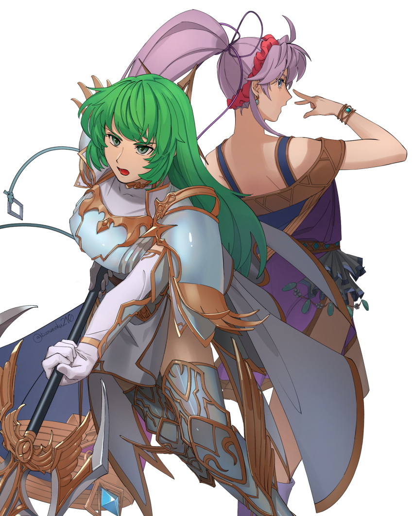 2girls a_(user_vtsy8742) armor bangs blue_eyes breastplate cape dress elbow_gloves erinys_(fire_emblem) fire_emblem fire_emblem:_genealogy_of_the_holy_war gloves green_eyes green_hair hair_ribbon highres holding holding_weapon jewelry long_hair looking_back multiple_girls polearm ponytail purple_hair ribbon shoulder_armor simple_background spear tailtiu_(fire_emblem) weapon white_armor white_background