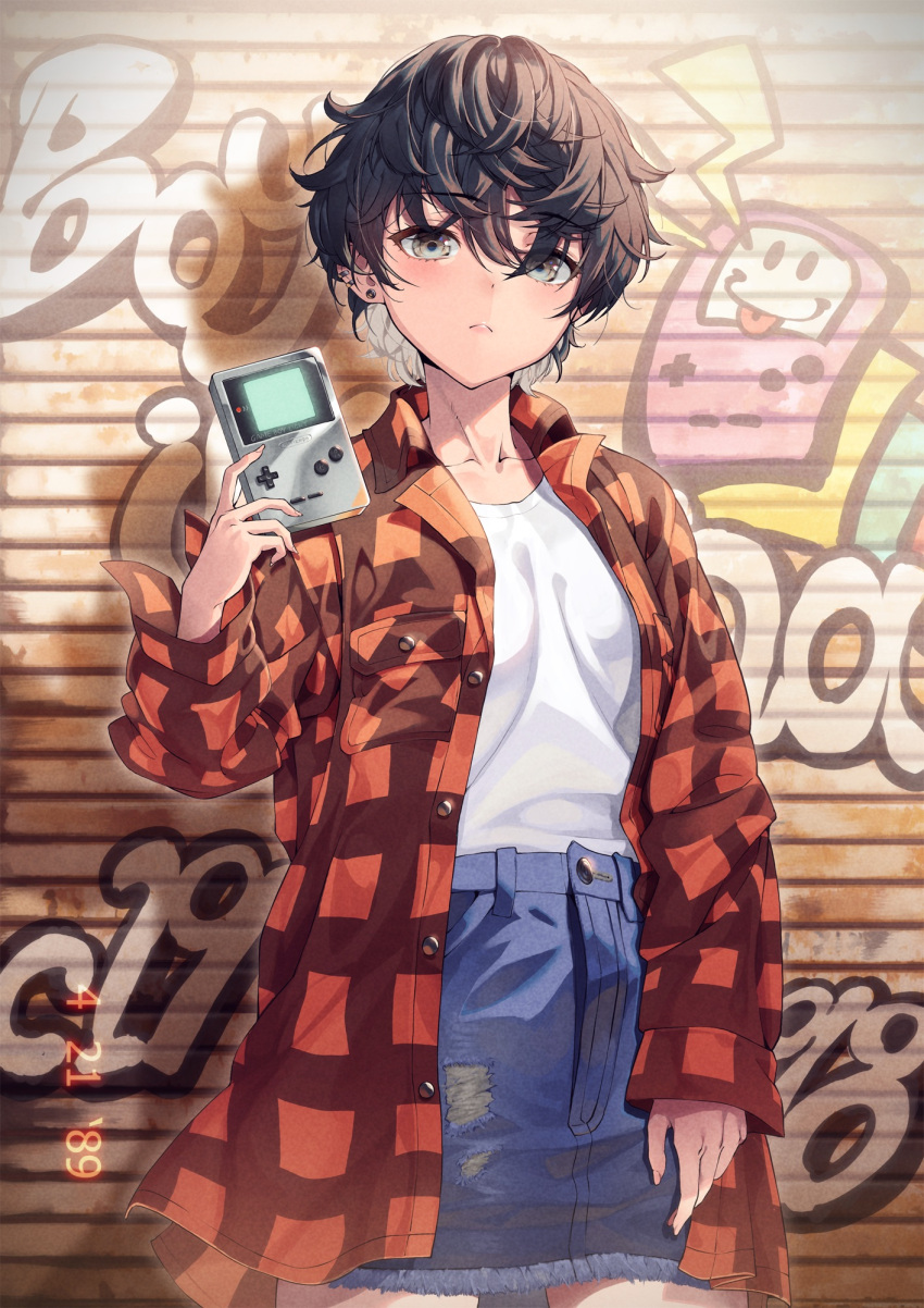 1girl bangs black_hair cellphone collarbone commentary cowboy_shot dated denim denim_shorts earrings eyebrows_visible_through_hair frown game_boy hair_between_eyes handheld_game_console highres holding jacket jewelry kabu_(niniko2ko) long_sleeves looking_at_viewer open_clothes open_jacket original outdoors phone plaid_jacket shirt shirt_tucked_in short_hair shorts solo white_shirt
