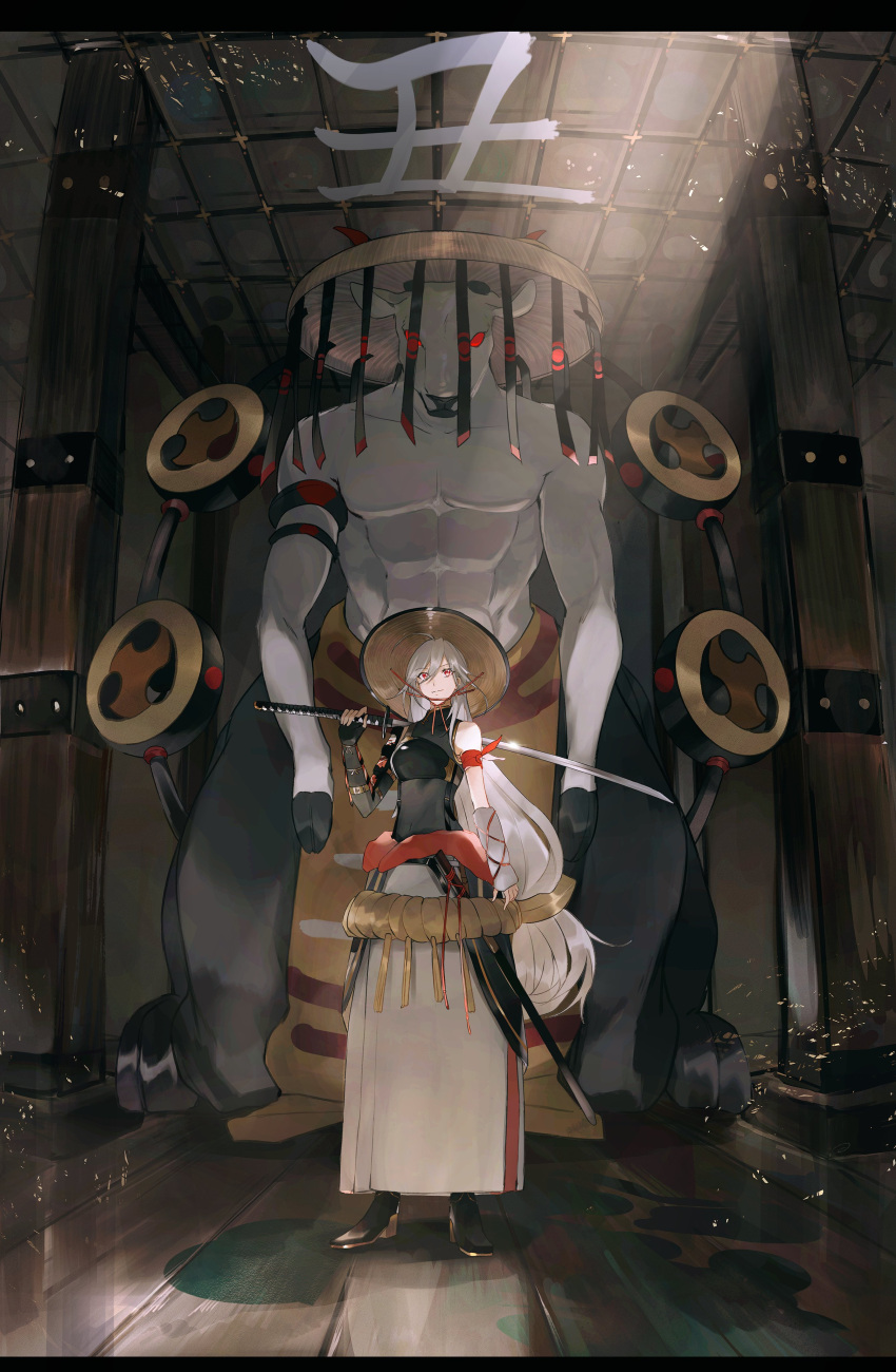 1girl absurdres ahoge animal armor armored_dress belt cow dress fingerless_gloves floor gloves hat highres holding holding_sword holding_weapon hoshi_rasuku indoors japanese_armor japanese_clothes kanji katana long_hair looking_up new_year original pillar red_eyes silver_hair smile solo sunlight sword very_long_hair weapon wooden_floor wooden_wall