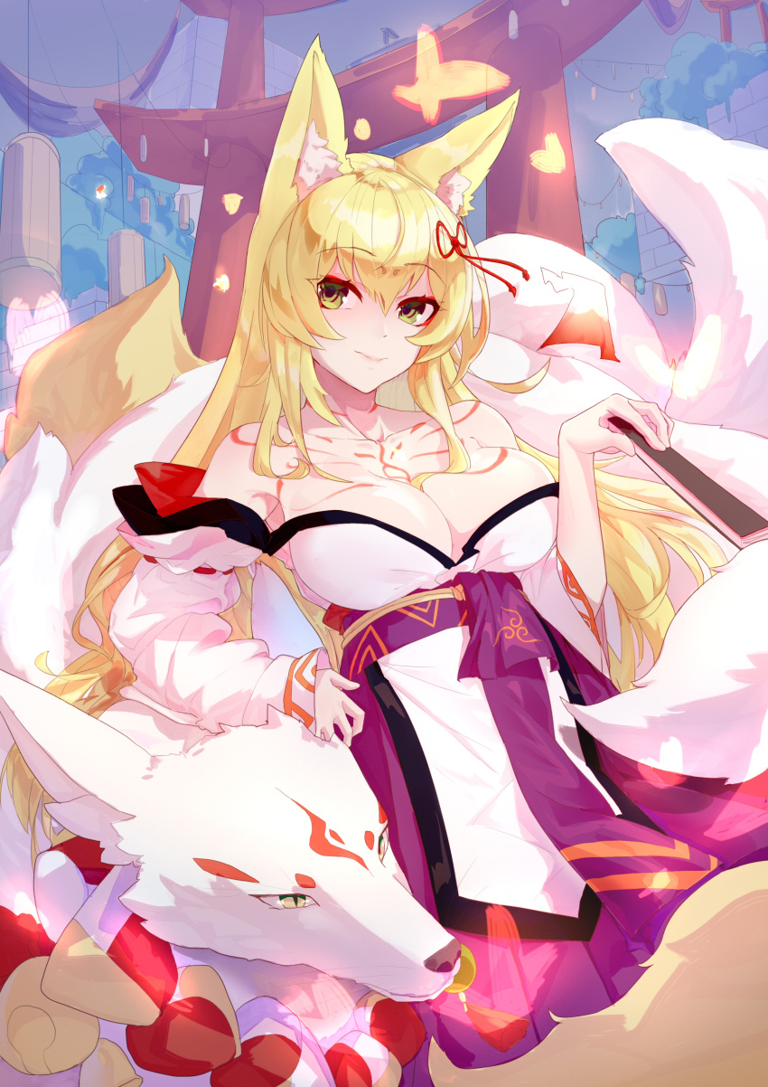 1girl absurdres animal animal_ear_fluff animal_ears bangs bare_shoulders blonde_hair boy_(pixiv17542438) breasts chest_tattoo closed_mouth collarbone eyebrows_visible_through_hair eyeliner eyeshadow fan folding_fan fox_ears fox_tail gate green_eyes hair_ornament highres holding holding_fan japanese_clothes kitsune long_hair looking_at_viewer makeup medium_breasts mon-musu_quest! monster_girl multiple_tails red_eyeshadow slit_pupils smile tail tamamo_(mon-musu_quest!) tattoo
