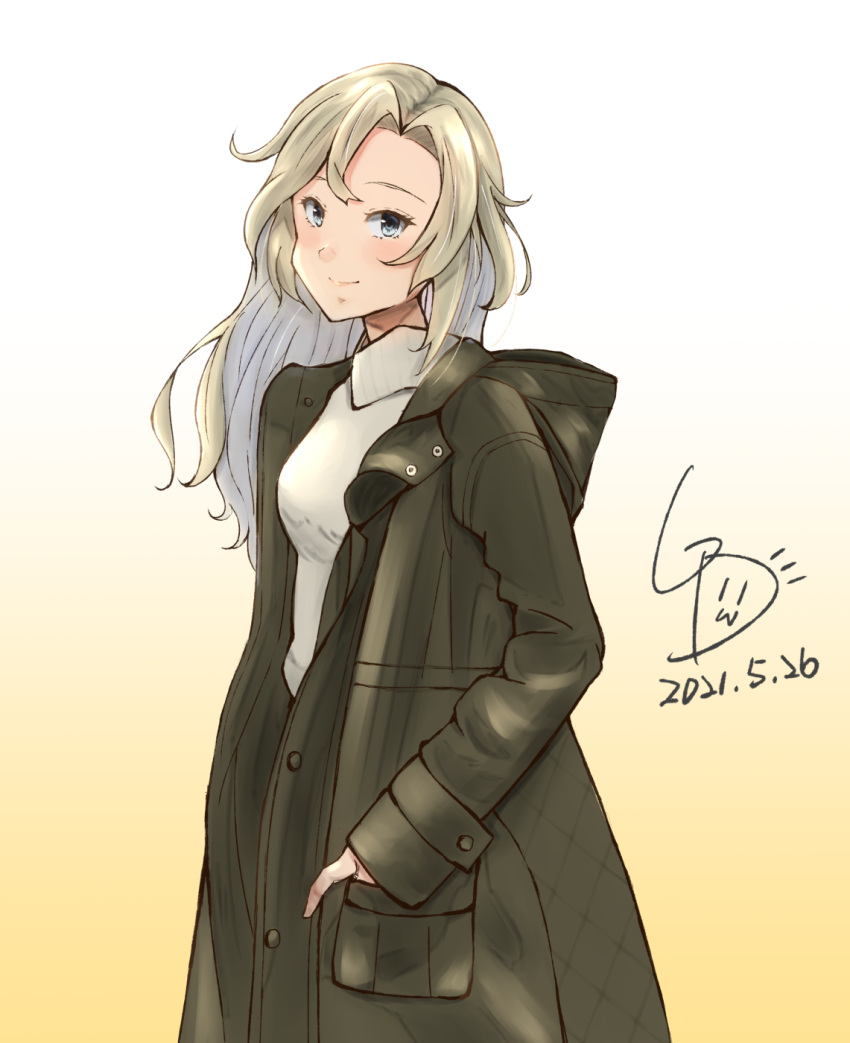 1girl alternate_costume artist_logo blonde_hair coat commentary_request cowboy_shot dated gradient gradient_background grey_coat grey_eyes hand_in_pocket highres hornet_(kancolle) kantai_collection ld_(luna_dial398) long_hair looking_at_viewer one-hour_drawing_challenge solo sweater white_background white_sweater yellow_background