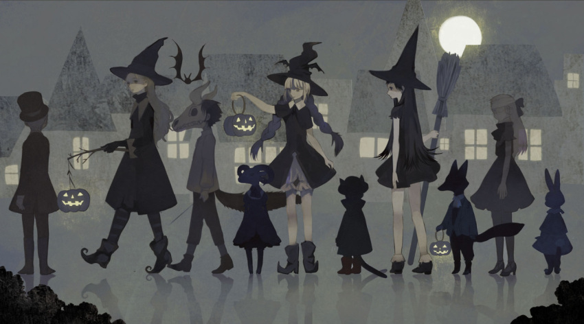 2boys 4girls animal animal_skull bandages bangs bat black_cat black_dress black_footwear black_gloves black_hair black_headwear black_jacket black_legwear black_pants blonde_hair bloomers blunt_bangs boots braid branch broom building capelet cat clothed_animal cravat dress fox from_behind gloves goat halloween hat high_collar high_heels holding holding_branch holding_broom holding_jack-o'-lantern horns jack-o'-lantern jacket long_hair long_sleeves mask moon multiple_boys multiple_girls neck_ribbon original pants rabbit ribbon shirt short_hair skull_mask socks striped striped_legwear tail tono_(rt0no) top_hat town trick_or_treat underwear white_legwear white_neckwear white_shirt witch witch_hat