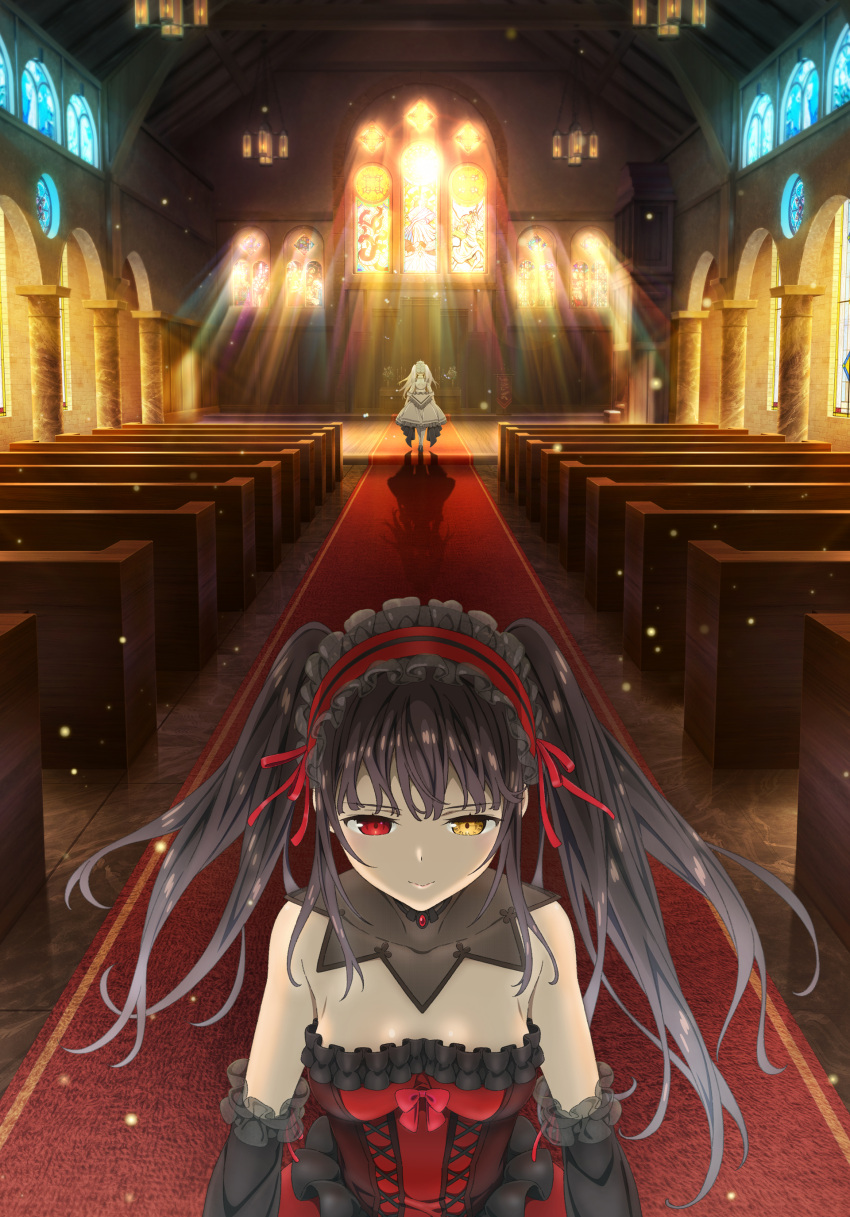 absurdres black_hair boots church date_a_live date_a_live:_date_a_bullet detached_sleeves dress frown headband heterochromia highres lace official_art pillar red_carpet red_dress ribbon stained_glass sunlight tokisaki_kurumi white_dress white_hair white_queen_(date_a_live)