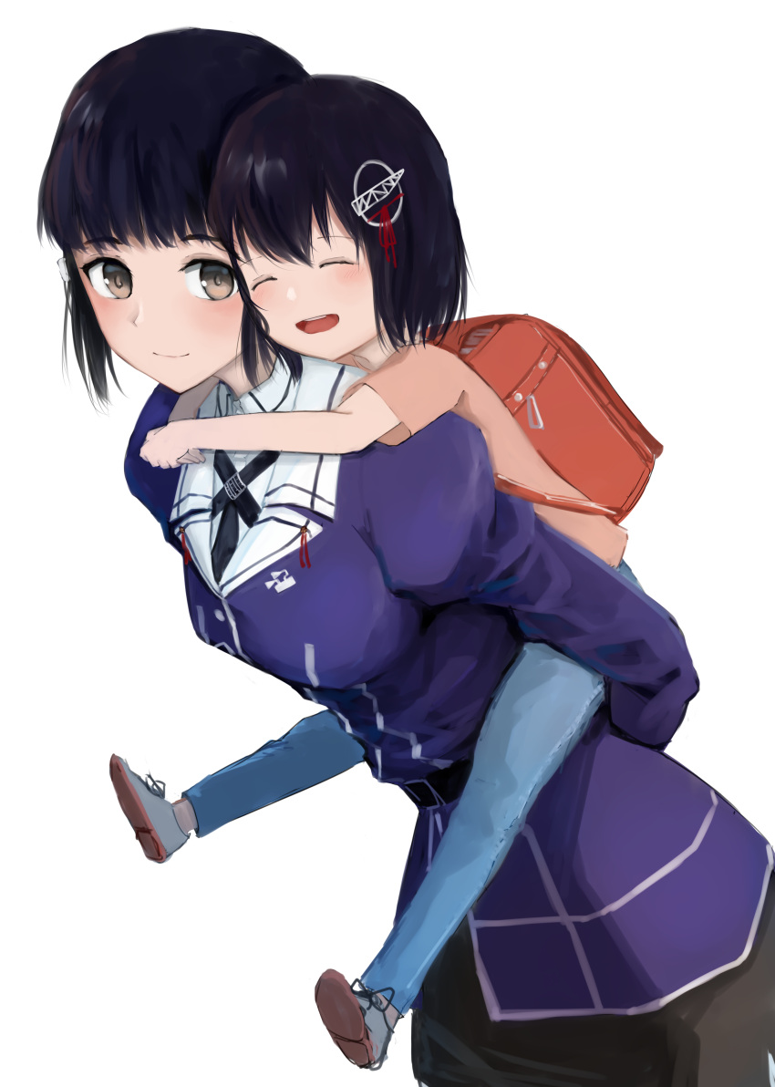 2girls 73suke absurdres alternate_costume backpack bag black_hair braid braided_bun brown_eyes carrying closed_eyes haguro_(kancolle) hair_bun hair_ornament highres hug hug_from_behind kantai_collection long_hair military military_uniform multiple_girls myoukou_(kancolle) open_mouth piggyback randoseru remodel_(kantai_collection) short_hair simple_background uniform upper_teeth white_background younger