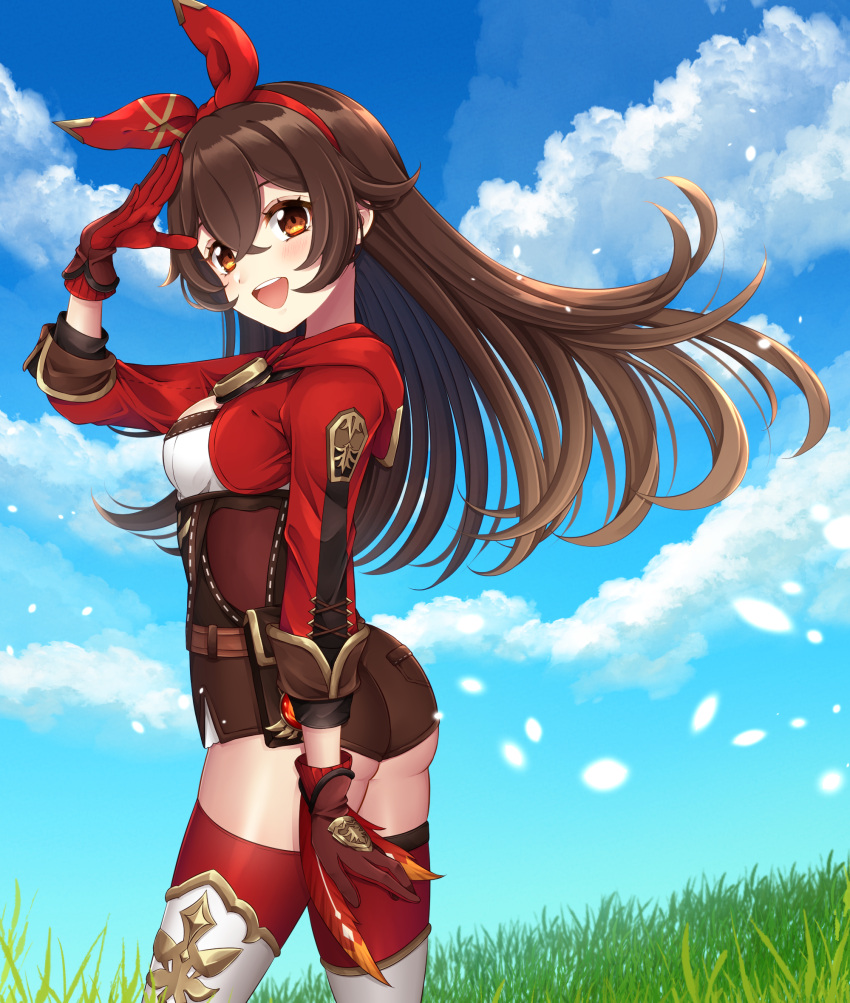 1girl :d amber_(genshin_impact) ass blue_sky breasts brown_gloves brown_hair brown_shorts clouds cloudy_sky cropped_jacket genshin_impact gloves goggles grass highres jacket long_hair long_sleeves looking_at_viewer open_mouth outdoors red_jacket red_ribbon ribbon salute short_shorts shorts sky smile solo sorakase_sawa thigh-highs yellow_eyes