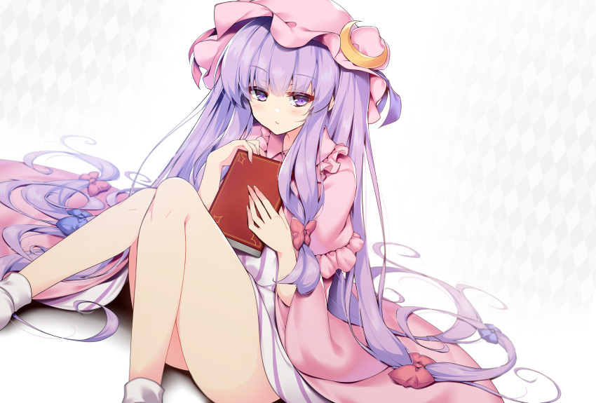 1girl absurdly_long_hair bangs bare_legs blue_bow book bow capelet crescent crescent_hat_ornament dress eyebrows_visible_through_hair grey_background hair_bow hat hat_ornament highres holding holding_book long_hair long_sleeves looking_at_viewer mob_cap patchouli_knowledge pink_capelet pink_headwear purple_dress purple_hair red_bow sakurame sitting socks solo thighs touhou very_long_hair violet_eyes white_legwear wide_sleeves