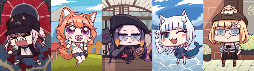 &gt;_&lt; 5girls absurdres animal_ear_fluff animal_ears animal_on_head ao-chan_(ninomae_ina'nis) bangs baseball_cap beret black_headwear blonde_hair blue_eyes blue_hair blush bubba_(watson_amelia) cat_ears cat_girl cat_tail chibi commentary_request eyebrows_visible_through_hair fang fence fish_tail full_body gawr_gura glasses hair_ornament hat highres holding holding_microphone holding_palette hololive hololive_english holomyth jacket kemonomimi_mode looking_at_viewer microphone midriff mori_calliope multicolored_hair multiple_girls navel ninomae_ina'nis on_head one_eye_closed open_clothes open_jacket open_mouth orange_hair pacifier palette picket_fence pink_hair porko purple_hair riyo_(lyomsnpmp)_(style) shark_tail sharp_teeth silver_hair tail takanashi_kiara tako_(ninomae_ina'nis) teeth tentacles violet_eyes virtual_youtuber watson_amelia wooden_fence