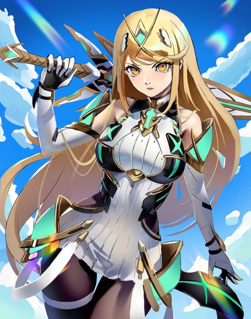 1girl aegis_sword_(xenoblade) angry bangs bare_shoulders black_legwear blonde_hair breasts chest_jewel datcravat day dress elbow_gloves gloves highres holding holding_sword holding_weapon large_breasts long_hair looking_at_viewer mythra_(massive_melee)_(xenoblade) mythra_(xenoblade) short_dress sky solo super_smash_bros. swept_bangs sword thigh_strap tiara very_long_hair weapon white_dress white_gloves xenoblade_chronicles_(series) xenoblade_chronicles_2 yellow_eyes