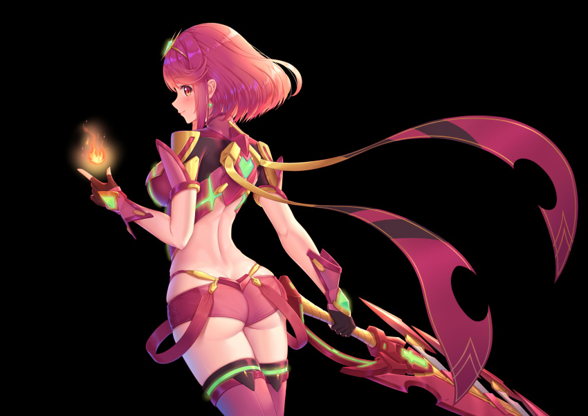 1girl absurdres ass black_background black_gloves breasts closed_mouth cowboy_shot crop_top earrings fingerless_gloves fire gloves highres holding holding_sword holding_weapon index_finger_raised jewelry ken-san looking_at_viewer looking_back medium_breasts medium_hair micro_shorts midriff pink_hair pink_legwear pink_shorts pyra_(xenoblade) red_eyes shiny shiny_hair shorts smile solo standing sword thigh-highs weapon xenoblade_chronicles_(series) xenoblade_chronicles_2