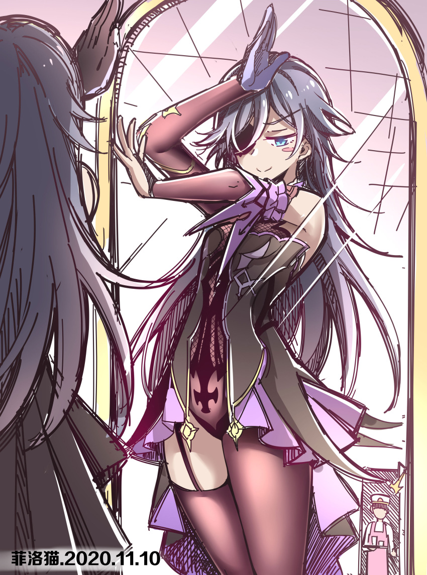 1girl absurdres blush bodystocking captain_(honkai_impact) cosplay eyebrows_visible_through_hair eyepatch fei_lio_mao fischl_(genshin_impact) fischl_(genshin_impact)_(cosplay) fishnets fu_hua garter_straps highres honkai_(series) honkai_impact_3rd leotard mirror reflection ringlets single_leg_pantyhose single_sleeve single_thighhigh solo thigh-highs