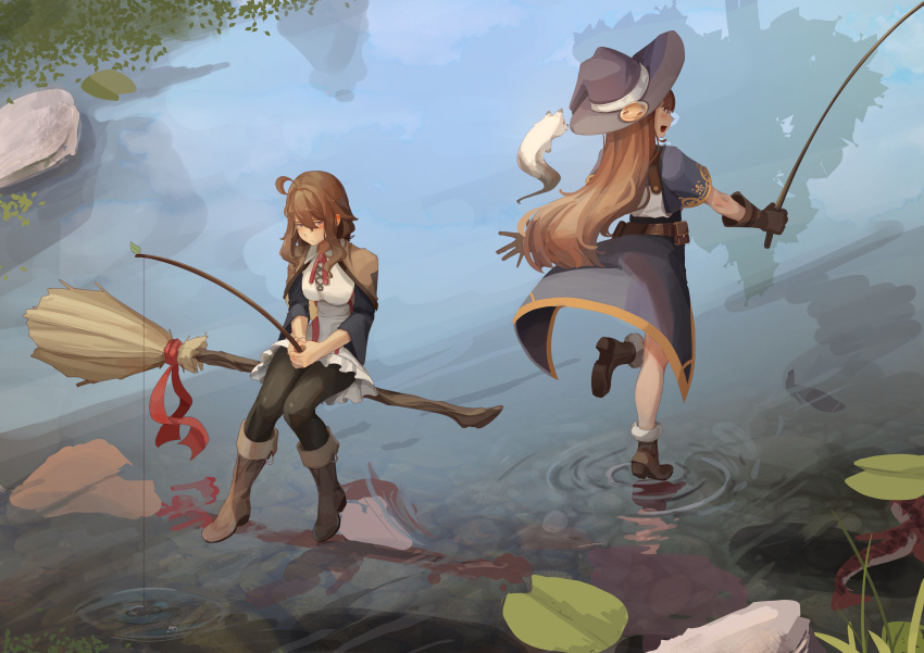 2girls absurdres ahoge black_gloves black_legwear boots broom broom_riding brown_footwear brown_hair clip_studio_paint_(medium) english_commentary fishing fishing_line fishing_rod gloves hat highres holding holding_fishing_rod long_hair makinoatorie marker_(medium) multiple_girls original pantyhose sidesaddle standing standing_on_liquid standing_on_one_leg traditional_media water witch_hat