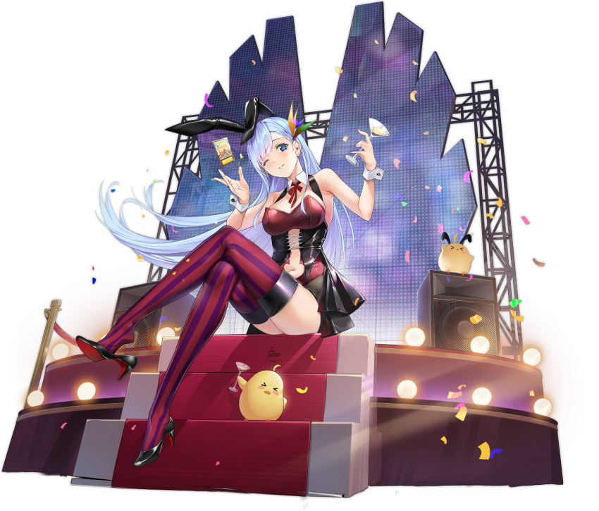 1girl animal_ears azur_lane bare_shoulders black_footwear black_hair blue_eyes blue_hair bow bowtie breasts clothing_cutout cocktail_glass cup detached_collar drinking_glass fake_animal_ears from_below full_body high_heels highres holding holding_cup large_breasts leotard long_hair looking_at_viewer manjuu_(azur_lane) navel_cutout official_alternate_costume official_art one_eye_closed playboy_bunny purple_legwear rabbit_ears red_legwear red_neckwear shoes sitting solo speaker stage stage_lights strapless strapless_leotard striped striped_legwear thigh-highs ticonderoga_(azur_lane) ticonderoga_(show_stopper!)_(azur_lane) tomohiro_kai transparent_background two-tone_legwear very_long_hair wrist_cuffs