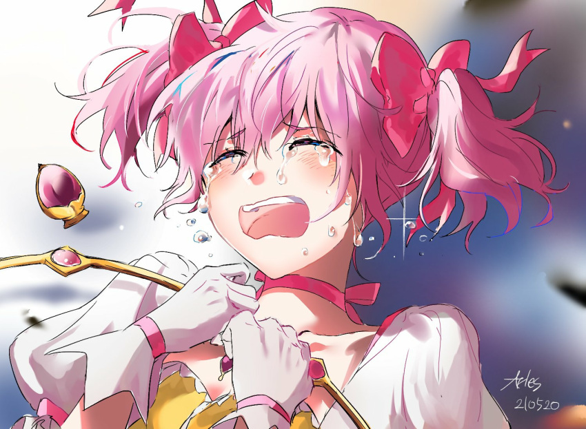 1girl blush bow bow_(weapon) bubble_skirt choker closed_eyes crying gloves hair_bow hands_up holding holding_weapon kaname_madoka magical_girl mahou_shoujo_madoka_magica natsu_(nacheu2772) open_mouth pink_bow pink_hair puffy_short_sleeves puffy_sleeves red_choker ribbon_choker short_sleeves short_twintails skirt sobbing solo soul_gem tears twintails upper_body weapon white_gloves