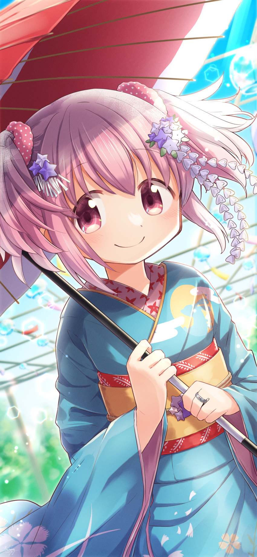1girl absurdres alternate_costume blue_kimono blue_sky blurry blurry_background closed_mouth cloud_print day dot_nose dutch_angle eyebrows_visible_through_hair feet_out_of_frame floating_hair floral_print hair_ornament highres holding holding_umbrella japanese_clothes jewelry kaname_madoka kimono leaf_hair_ornament lens_flare light_blush light_particles looking_at_viewer mahou_shoujo_madoka_magica oil-paper_umbrella outdoors pink_eyes pink_hair pink_scrunchie polka_dot polka_dot_scrunchie rilafm345 ring scrunchie shade short_twintails sidelighting signature sky smile solo star_(symbol) star_hair_ornament sun_print sunlight tareme twintails umbrella wind wind_chime wind_lift