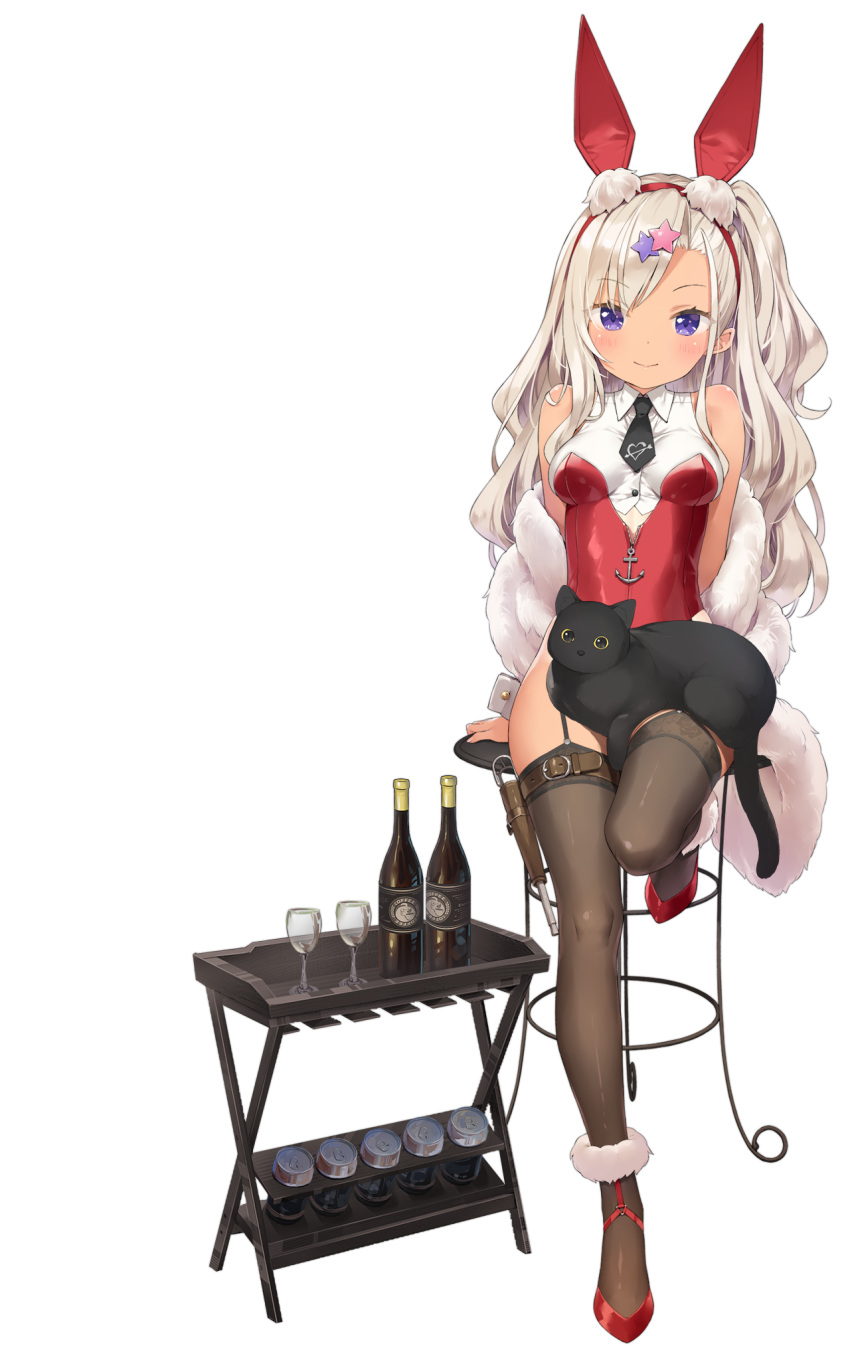 1girl animal animal_ears archerfish_(azur_lane) azur_lane bare_shoulders bird black_legwear bottle breasts cat chick closed_mouth cocktail_glass cup drinking_glass fake_animal_ears feather_boa garter_straps hairband highleg highleg_leotard highres kani_biimu leg_up leotard long_hair looking_at_viewer manjuu_(azur_lane) medium_breasts necktie off_shoulder official_art one_side_up playboy_bunny rabbit_ears red_footwear red_leotard shoes short_necktie silver_hair sitting smile solo stool tan tanline thigh-highs thighs transparent_background violet_eyes wavy_hair wing_collar