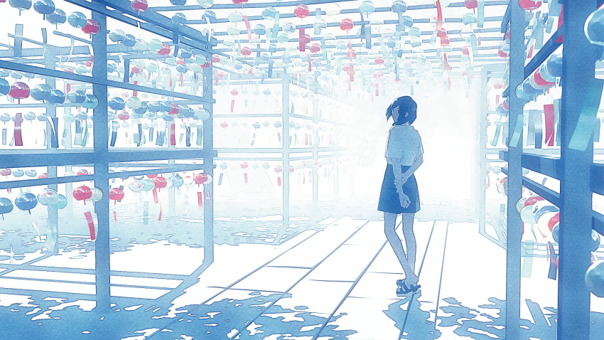 1girl arms_behind_back black_hair blue_theme fence from_behind full_body highres lantern light_smile looking_at_viewer looking_back oomiya_io original paper_lantern sandals shadow shirt short_hair short_sleeves skirt solo standing white_shirt