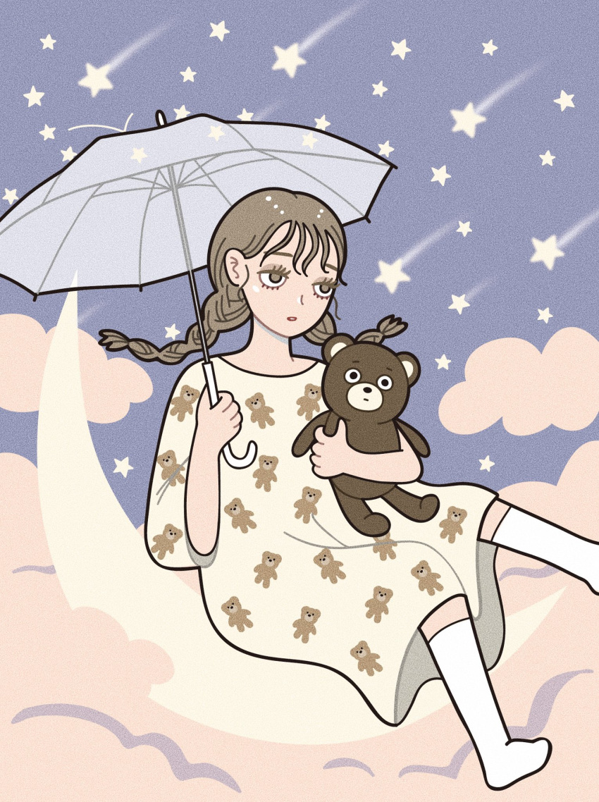 1girl bangs braid brown_eyes brown_hair clouds crescent dress expressionless foot_out_of_frame highres holding holding_stuffed_toy holding_umbrella hoppe_illust long_hair original print_dress socks solo star_(symbol) stuffed_animal stuffed_toy teddy_bear transparent transparent_umbrella twin_braids umbrella white_legwear