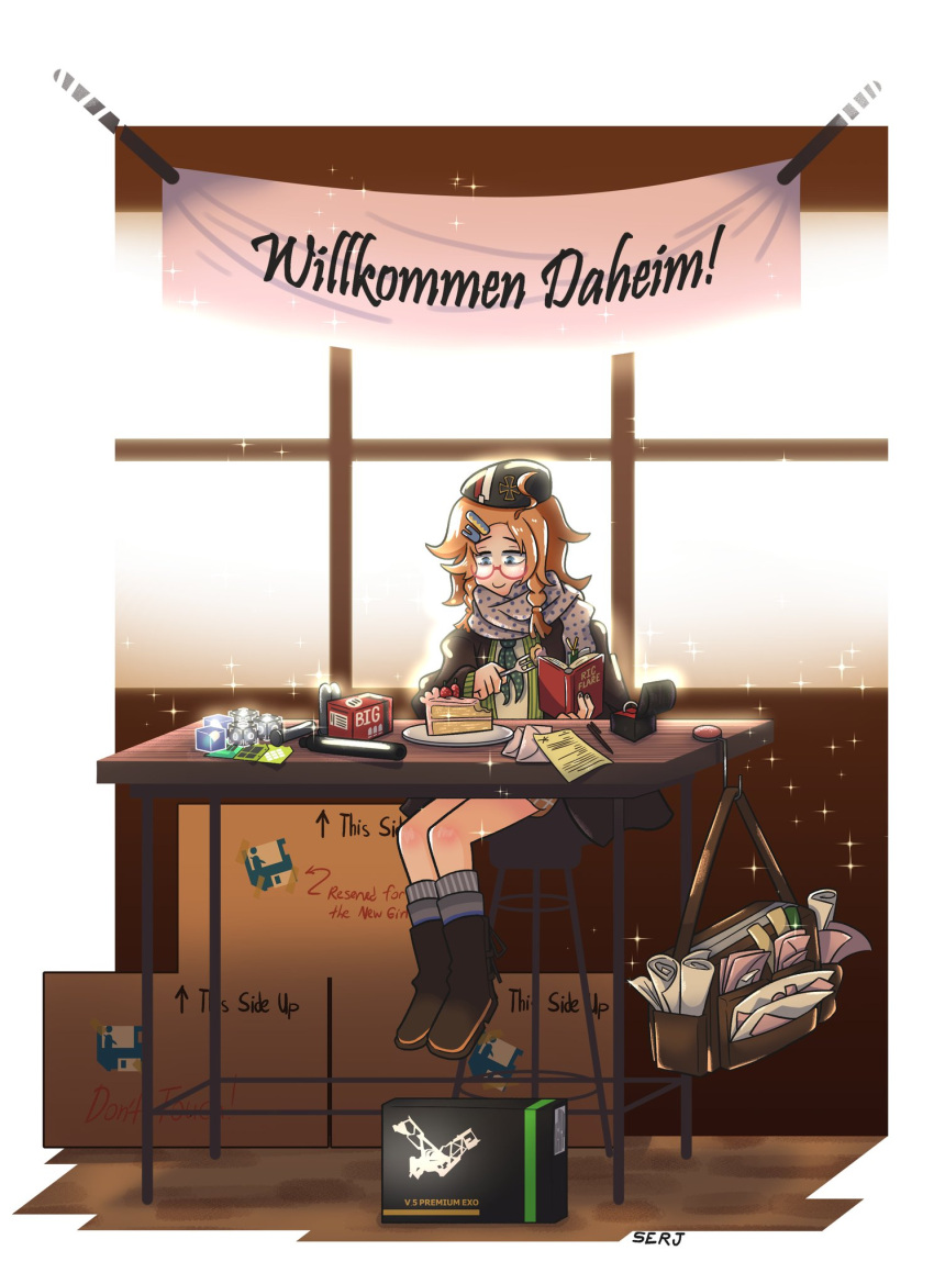 1girl ahoge ammunition artist_name bag banner blue_eyes book boots brown_hair cake cake_slice core_(girls_frontline) english_commentary english_text enhancement_pill_(girls_frontline) envelope floppy_disk food fork german_text girls_frontline glasses hair_ornament hairclip hat highres holding holding_book holding_fork indoors jewelry long_hair paper polka_dot polka_dot_scarf red-framed_eyewear ring ring_box rolled_up_paper satchel scarf semi-rimless_eyewear serjatronic sitting skirt smile solo sparkle stool table training_data_(girls_frontline) under-rim_eyewear wedding_ring window wkp_(girls_frontline)