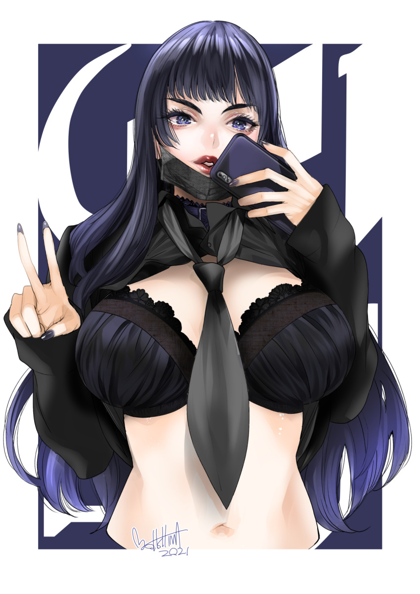 1girl bangs black_bra black_hair bra breasts cellphone final_fantasy final_fantasy_xiv gaia_(ff14) highres large_breasts long_hair mask mask_pull mouth_mask navel necktie ooshima_ryou parted_lips phone purple_hair sleeves_past_wrists smartphone solo underwear v violet_eyes