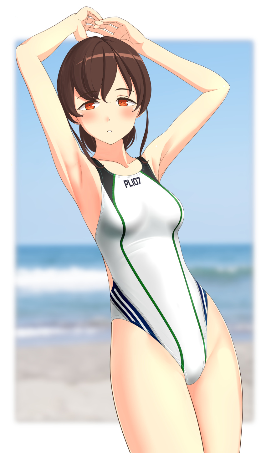 1girl absurdres arms_up blue_sky blurry breasts brown_hair clothes_writing clouds competition_swimsuit cowboy_shot day depth_of_field highres horizon kantai_collection long_hair looking_at_viewer low_ponytail multicolored multicolored_clothes multicolored_swimsuit ocean one-piece_swimsuit orange_eyes outdoors parted_lips sky small_breasts solo souya_(kancolle) swimsuit takafumi waves white_swimsuit