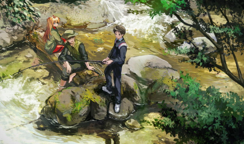 1girl 2boys absurdres aida_kensuke brown_hair evangelion:_3.0+1.0_thrice_upon_a_time fishing fishing_rod forest friends glasses grin hair_ornament hairclip hat highres huge_filesize ikari_shinji jacket long_hair multiple_boys nature neon_genesis_evangelion plugsuit rebuild_of_evangelion river rock sitting smile souryuu_asuka_langley standing tree water